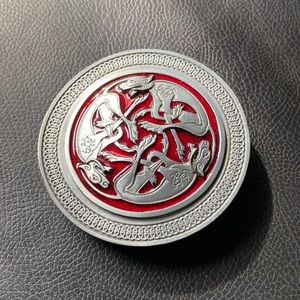 Silver toned Belt Buckle Celtic Dogs Norse red enamel & detailed circular frame